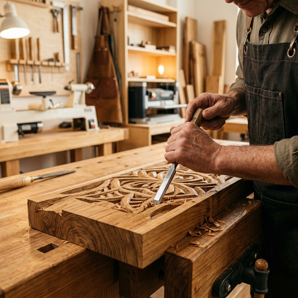 Poster showing wood carving craftsmanship